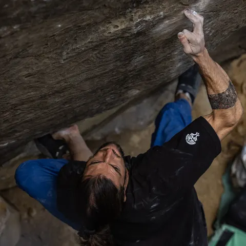 Miguel Casar bouldering in Joe’s Valley, Utah.